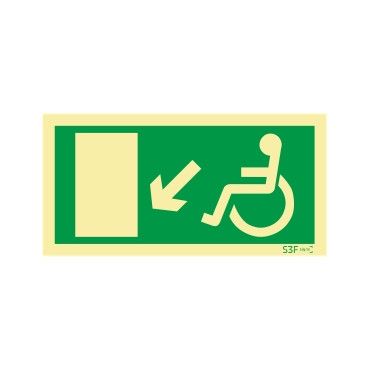 Sinal de Saída a descer à esquerda para pessoas com deficiência ou mobilidade reduzida