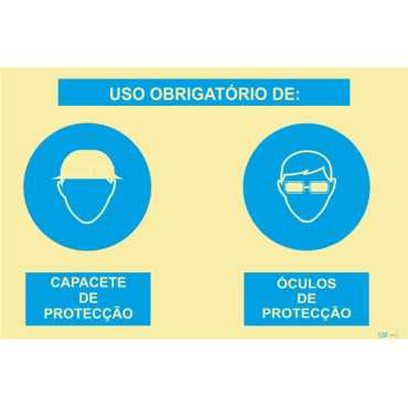 Photoluminescent Signage | Double composite sign, mandatory use of protective helmet and protective glasses