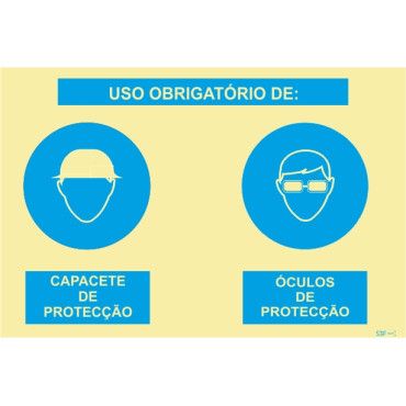 Sinalética Fotoluminescente|Sinal composto duplo, uso obrigatório de capacete de proteção e óculos de proteção