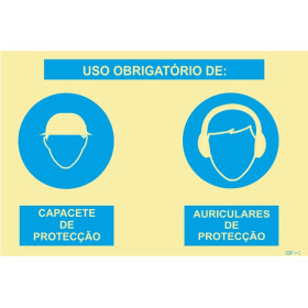 Sinalética Fotoluminescente|Sinal composto duplo, uso obrigatório de capacete de proteção e auriculares de proteção