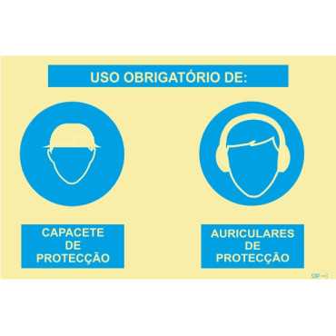 Photoluminescent Signage | Double composite sign, mandatory use of protective helmet and protective earphones