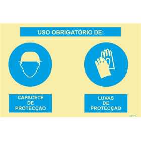 Photoluminescent Signage | Double composite sign, mandatory use of protective helmet and protective earphones