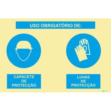 Sinalética Fotoluminescente|Sinal composto duplo, uso obrigatório de capacete de proteção e auriculares de proteção