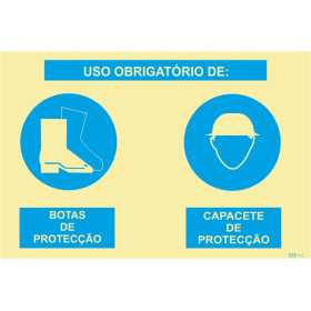 Photoluminescent Signage | Double composite sign, mandatory use of protective boots and protective helmet