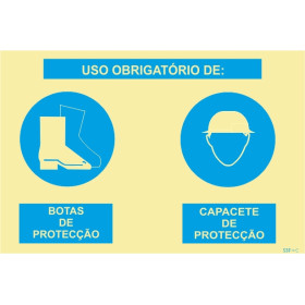 Sinalética Fotoluminescente|Sinal composto duplo, uso obrigatório de botas de proteção e capacete de proteção