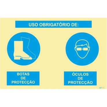 Photoluminescent Signage | Double composite sign, mandatory use of protective boots and protective helmet