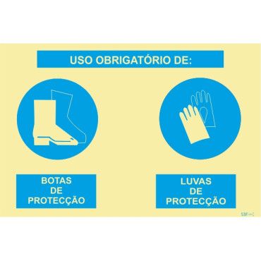Sinalética Fotoluminescente|Sinal composto duplo, uso obrigatório de botas de proteção e luvas de proteção
