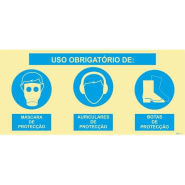 Sinal composto triplo, uso obrigatório de máscara de proteção, auriculares de proteção e botas de proteção