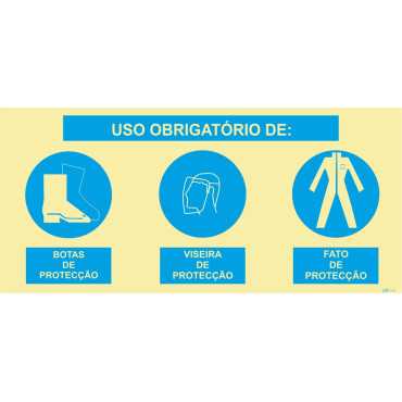 Triple compound sign, mandatory use of protective boots, protective visor and protective suit