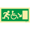 Exit sign pointing down to the right for people with disabilities or reduced mobility