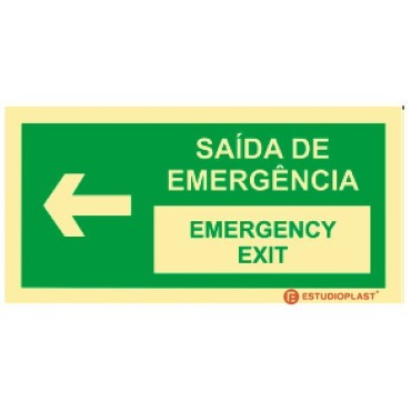 Sinalética Fotoluminescente|Saída de Emergência|Sinalização Segurança|Sinal de Saída de emergência Português e inglês Esquerda