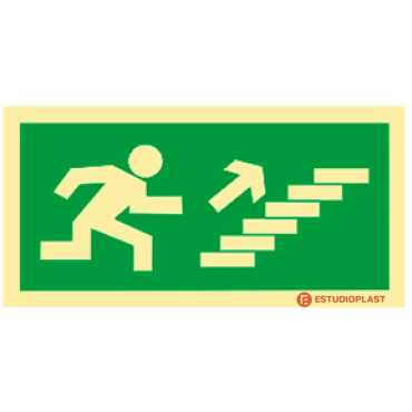 Evacuation sign, stairs going up on the right