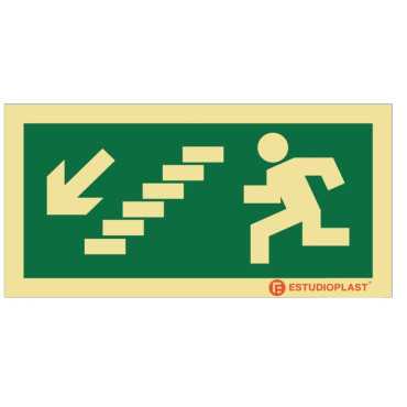 Evacuation sign, stairs going up on the right