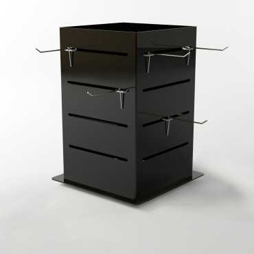 Exhibitor with rotating base and hooks