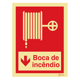 Sinal de boca de incêndio armada tipo carretel com descrição