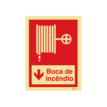 Sinal de boca de incêndio armada tipo carretel com descrição